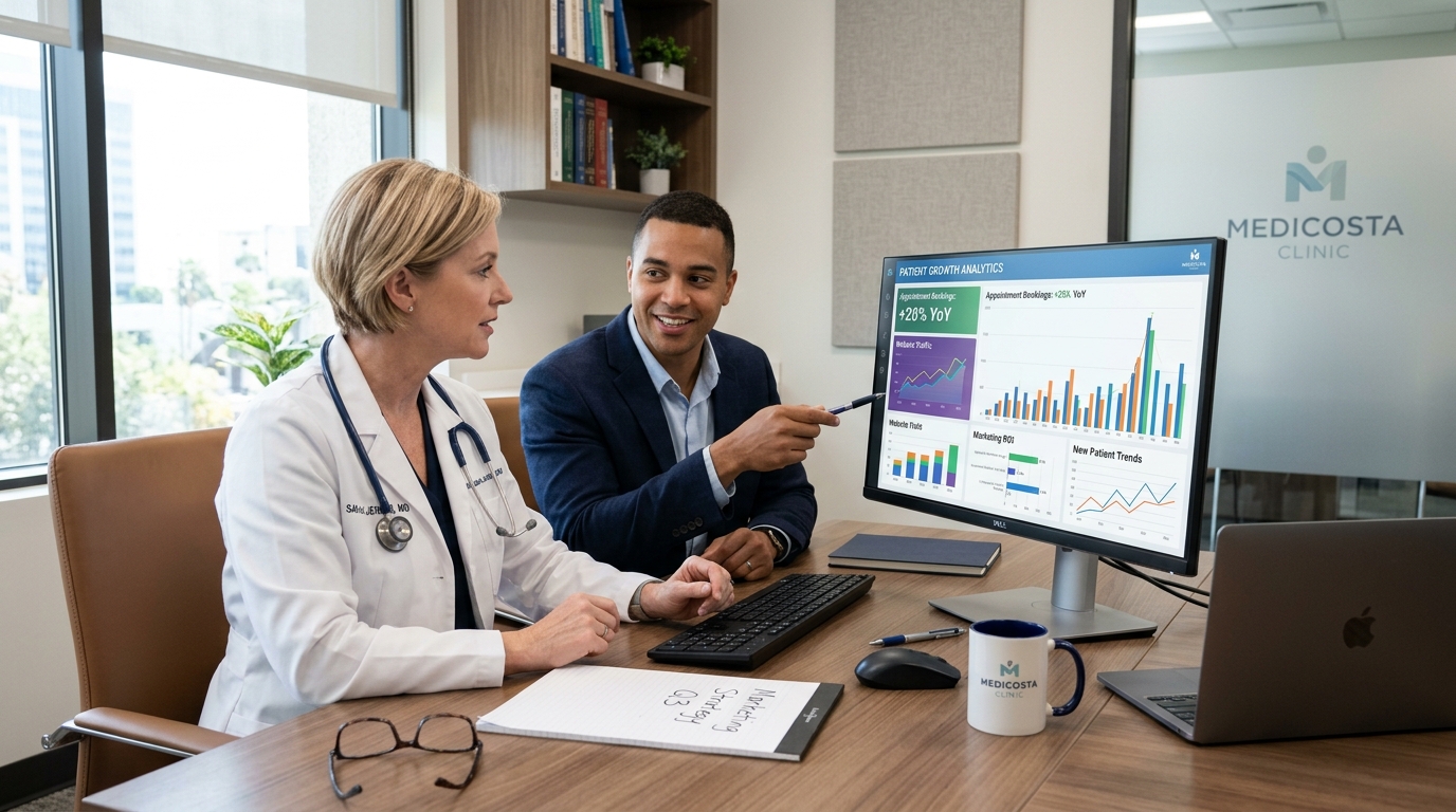 Doctor and healthcare marketing strategist reviewing patient acquisition analytics
