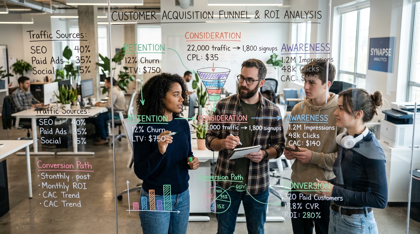 Startup growth team mapping acquisition funnel metrics on glass board