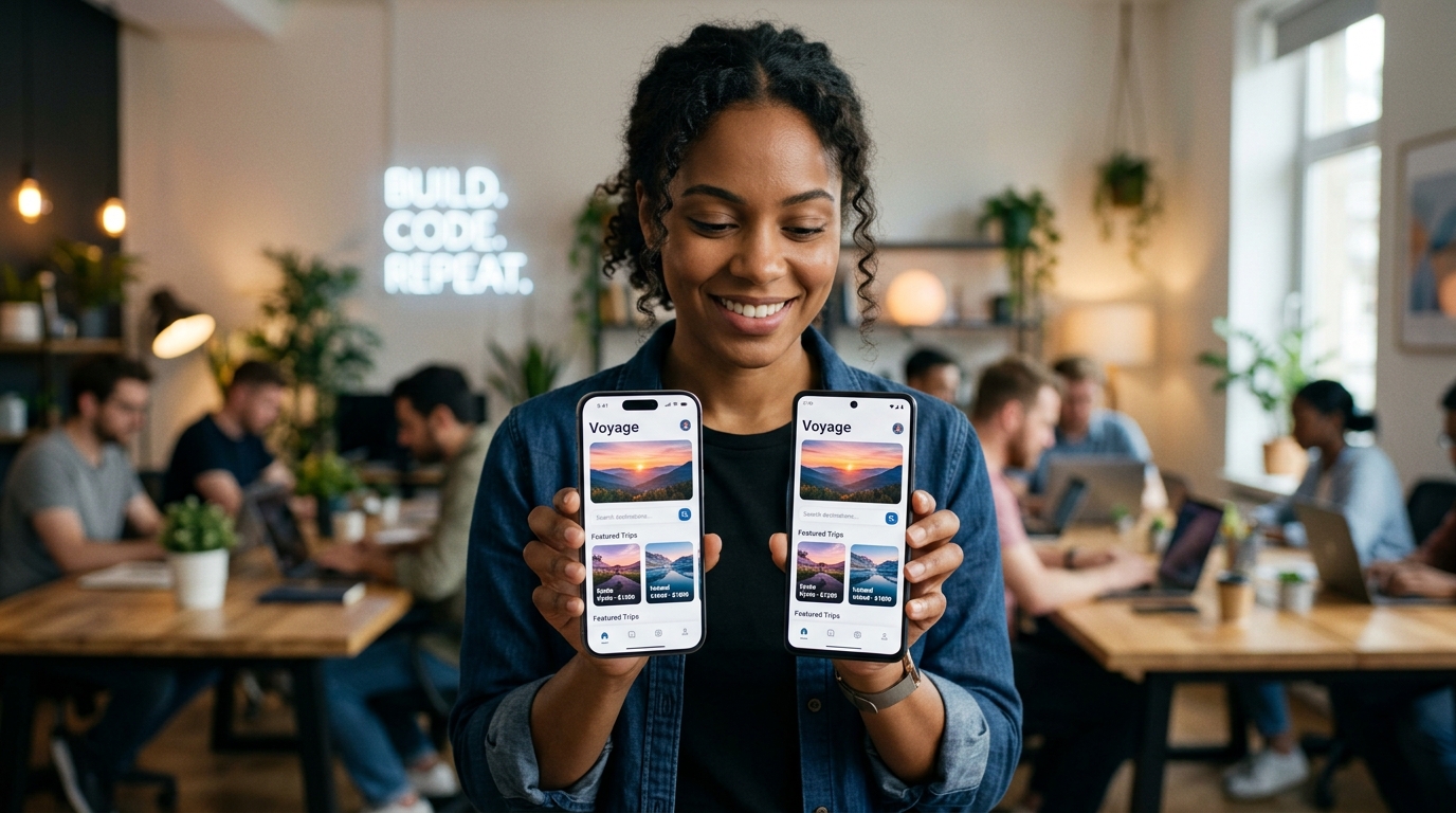 Developer holding iOS and Android phones showing cross-platform app rendering