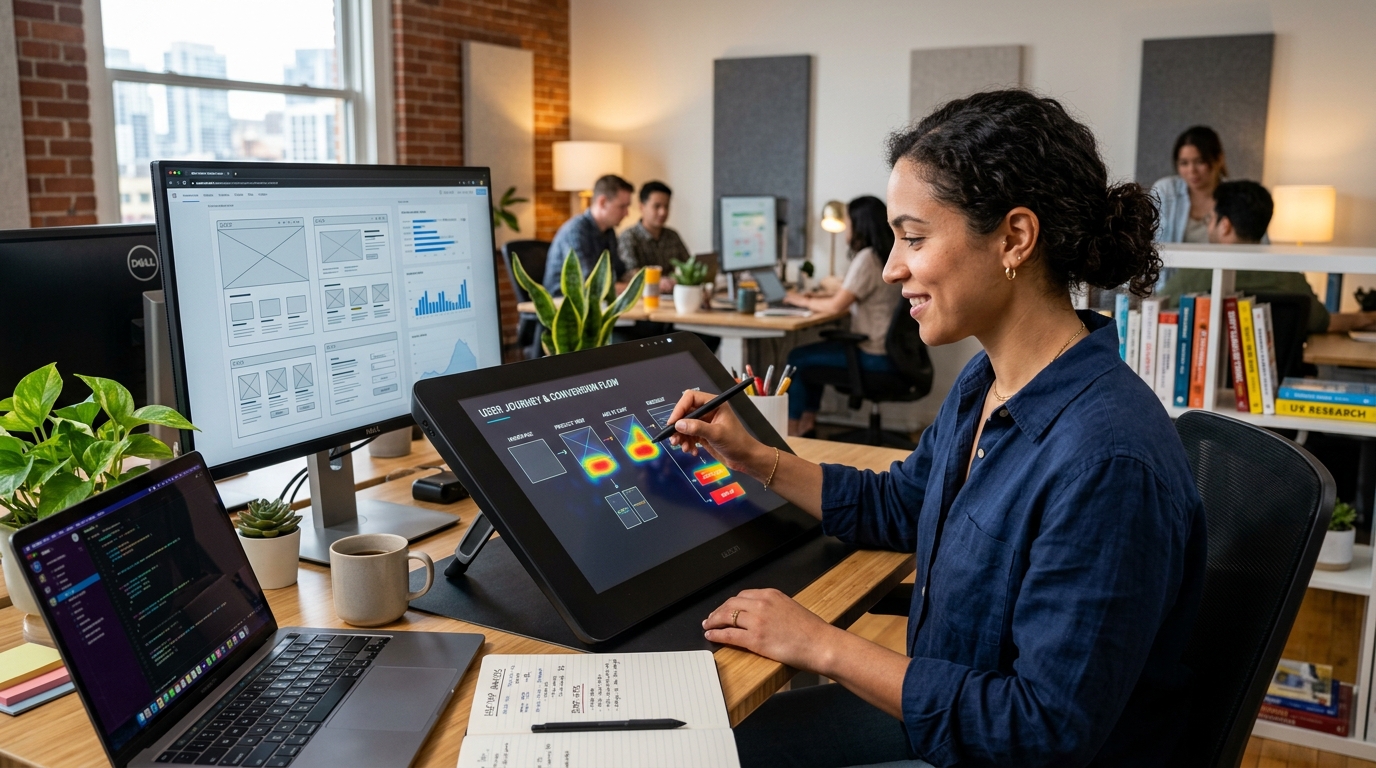 UX researcher analyzing click heatmaps and user journey wireframes